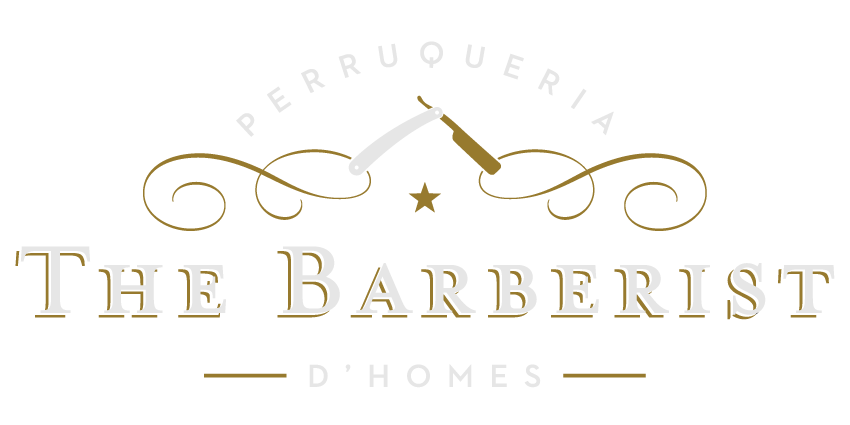 Logo de la cadena de barberies The Barberist. El logo consisteix en una navalla sobre una filigrana de color daurat amb la paraula The Barberist escrita sota. El logo transmet qualitat i sofisticació.